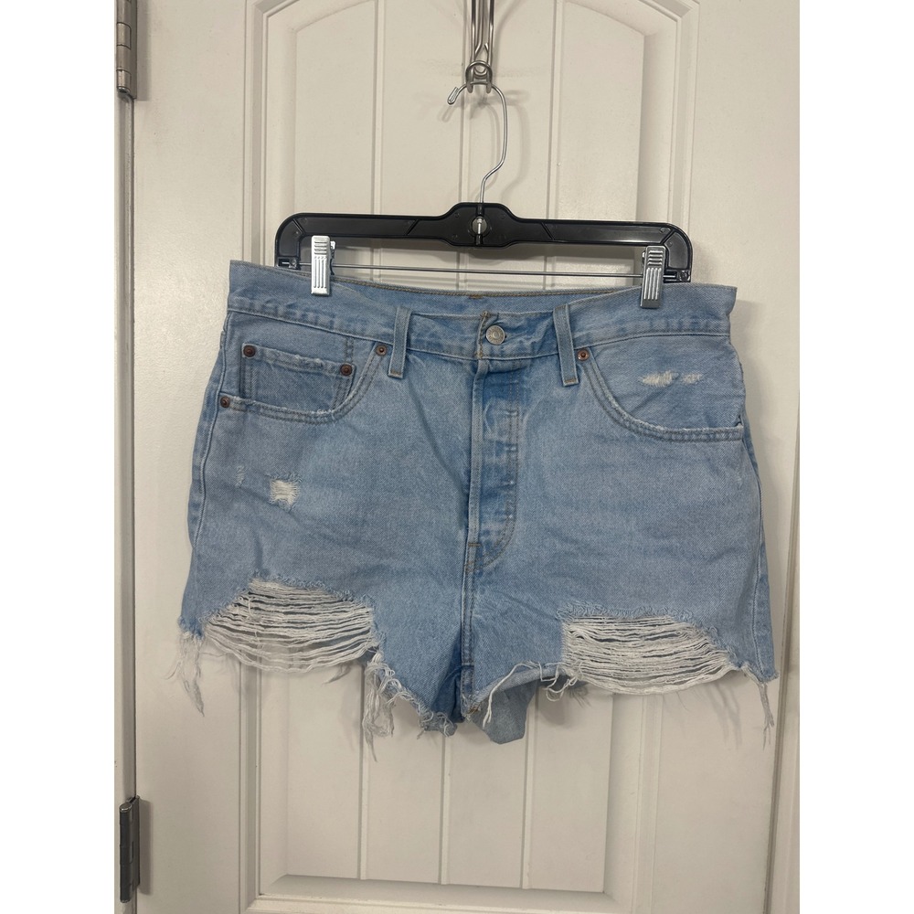 Levis 501 Original High Rise Distressed Denim Shorts Light Wash Blue W32 56327